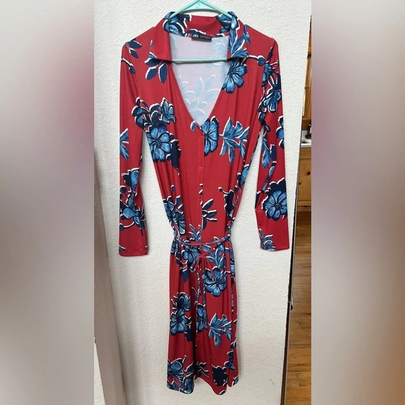 ZARA Floral Knit Midi Shirt Dress Tie-Belt Button Long Sleeve Red Blue - Picture 2 of 5